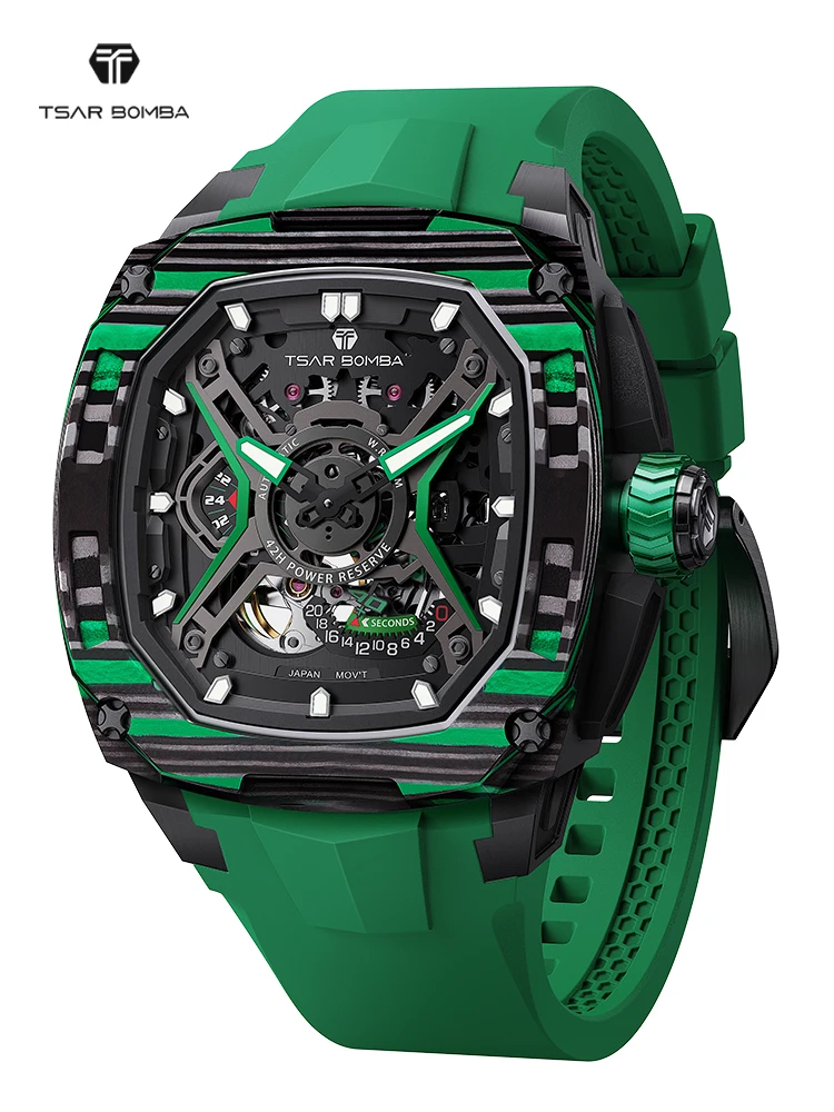 TSAR BOMBA Automatic Watch for Men. Square Carbon Fiber Mechanical wristwatch.
