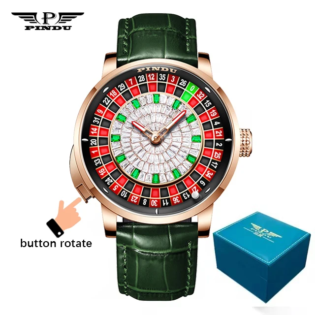Men's Mechanical Men Push Button Turn Roulette Game Sapphire Mirror Diamond Dial Watch