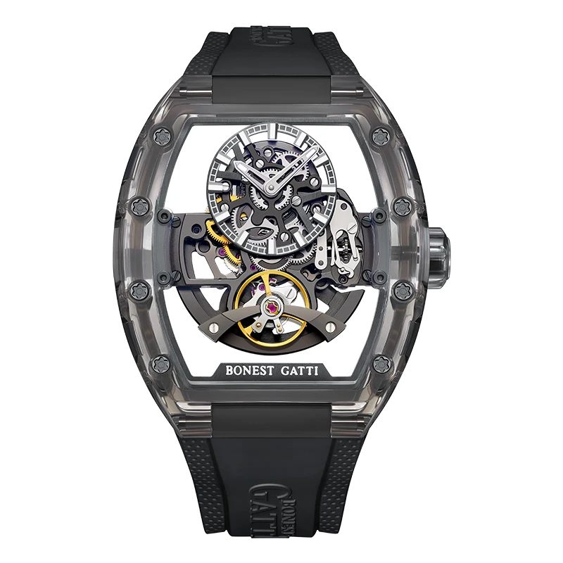 GATTI Fully Automatic Men's Watch. Skeleton Mechanical Watch. Rubber Black Band. Luminous Tonneau Shape .