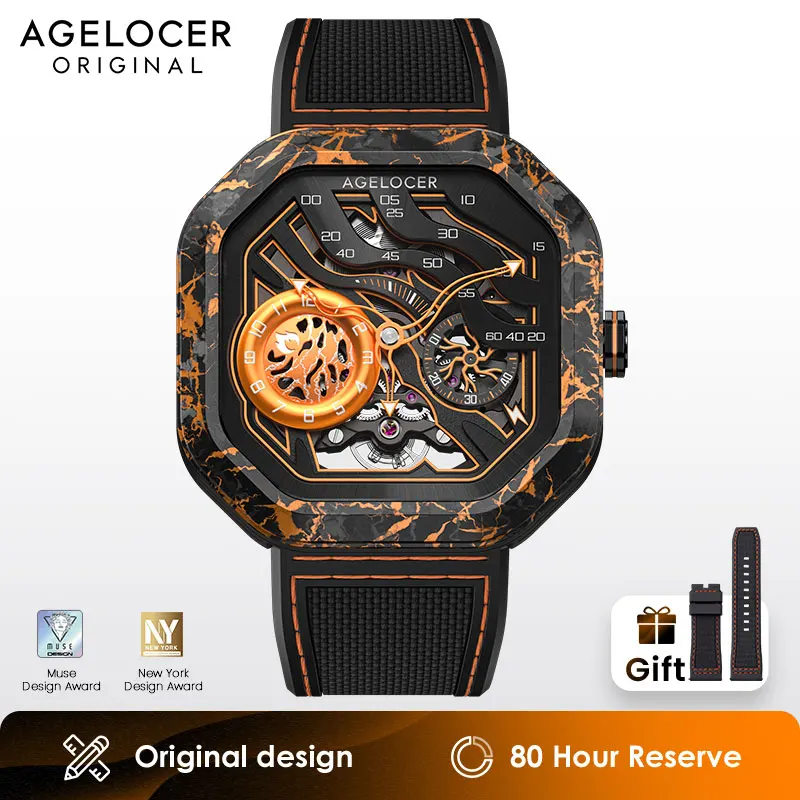 Carbon Fibre Case Original Volcano Watch Men's Square Luxury Skeleton Automatic Mechanical Watch