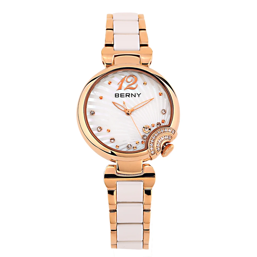 BERNY Ladies Quartz Watch . Ceramic Bracelet. Butterfly Buckle.