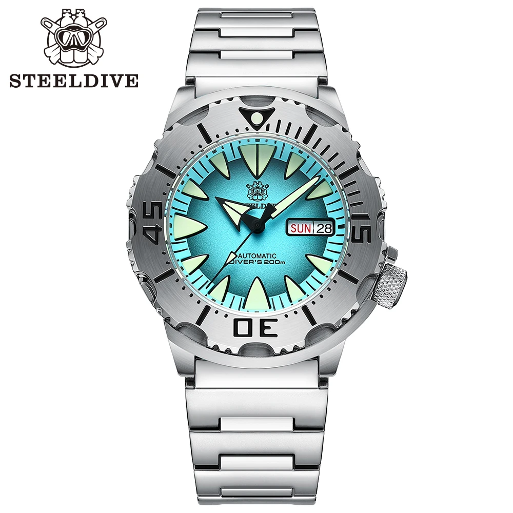 STEELDIVE  Monster Dive Watch. SD1984 Steel Bracelet. 42.2MM. 200M Water Resitant.. Day Function. Sapphire Glass. Automatic Movement Steel Bezel.