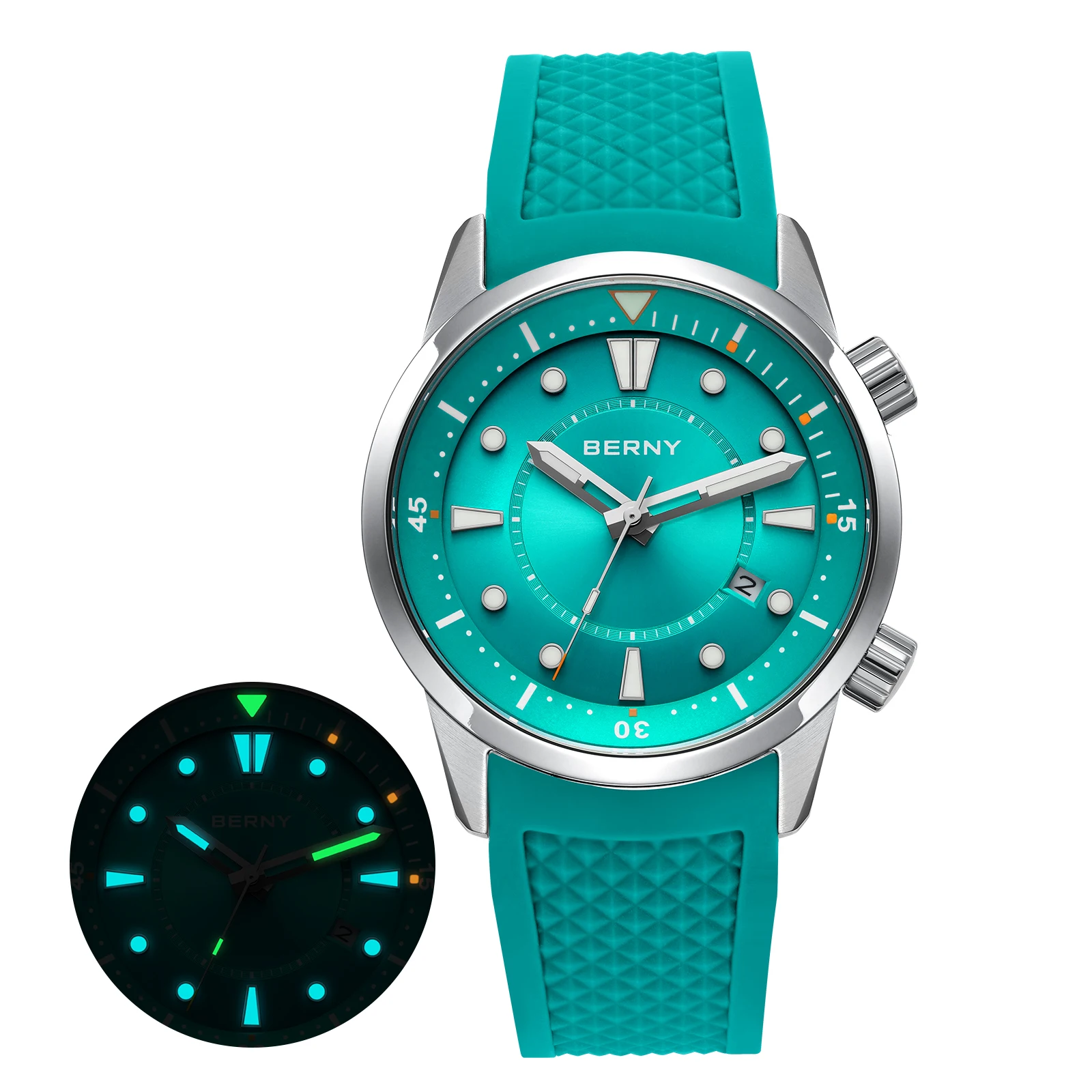 BERNY . Automatic Diving Watch for Men. AR Coated Sapphire. Silicone Strap. 200m Water Resistant