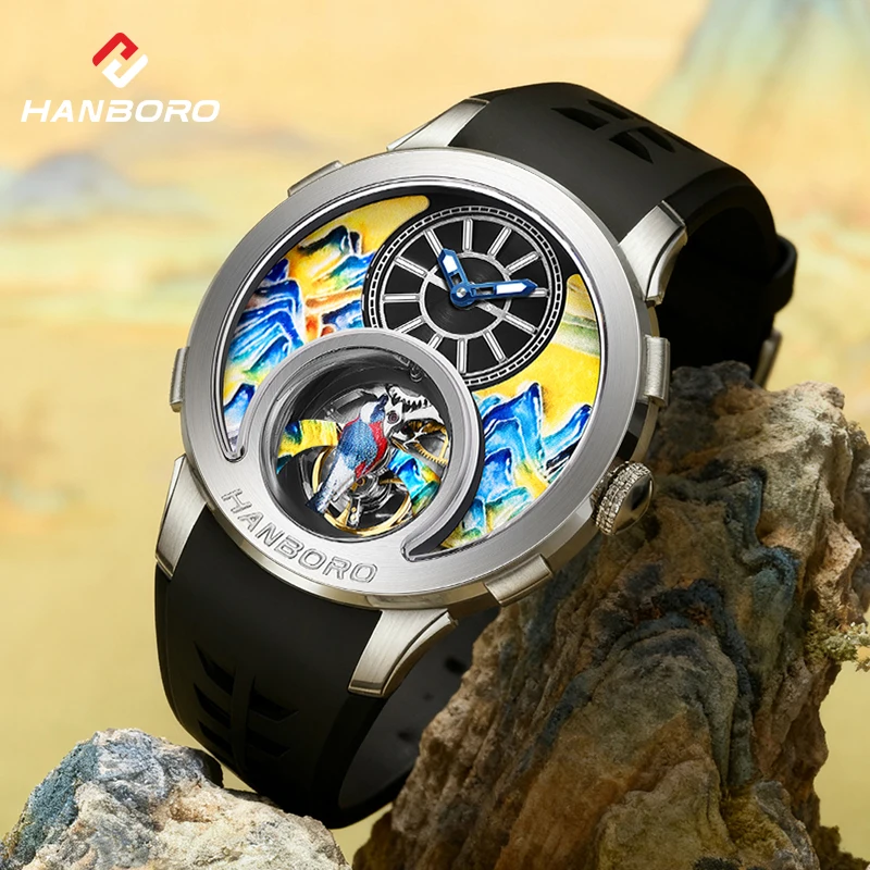 Thousand Miles Series Oil Painting Dial. Magpie Skeleton Balance Wheel Design. Men's Automatic Watch