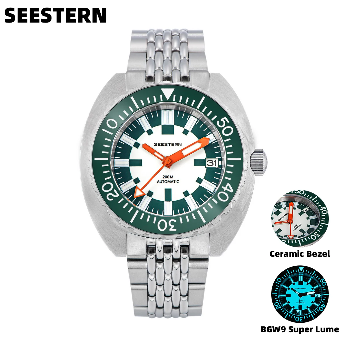 SEESTERN SUB300T Men's Luminous Diver Watch . 200m. Turn Bracelet. Mechanical. Sapphire. Ceramic.