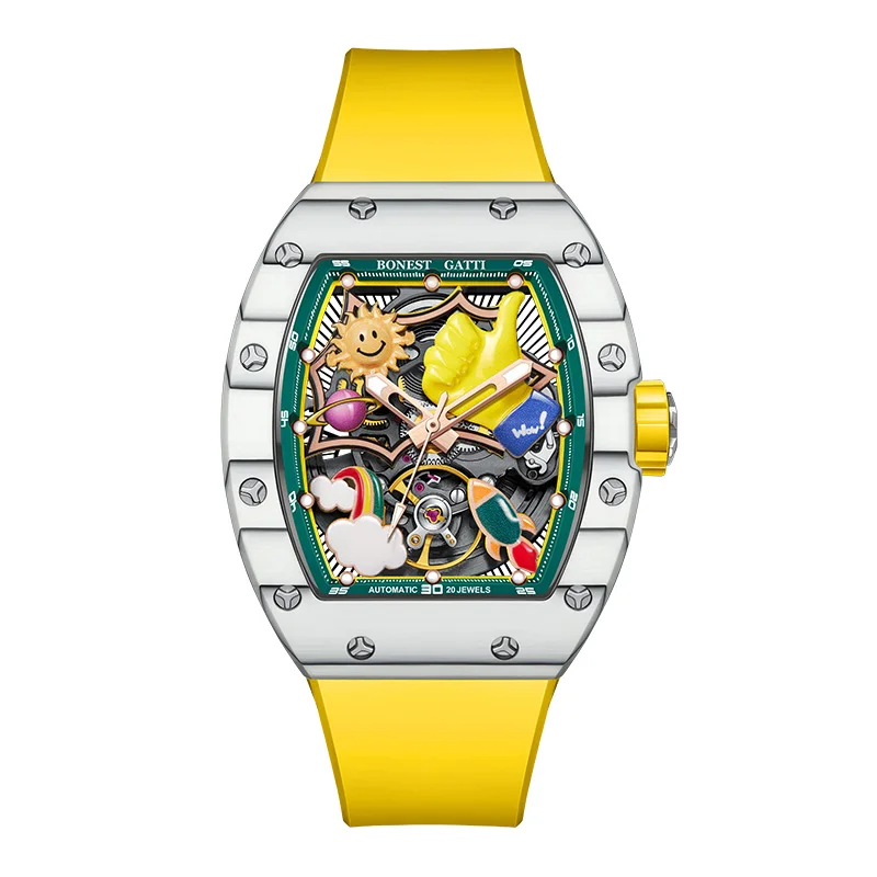 GATTI Men's Automatic Movement Watch. Carbon Fiber Bezel. Luminous 3D Cartoon Dial Mechanical Watch