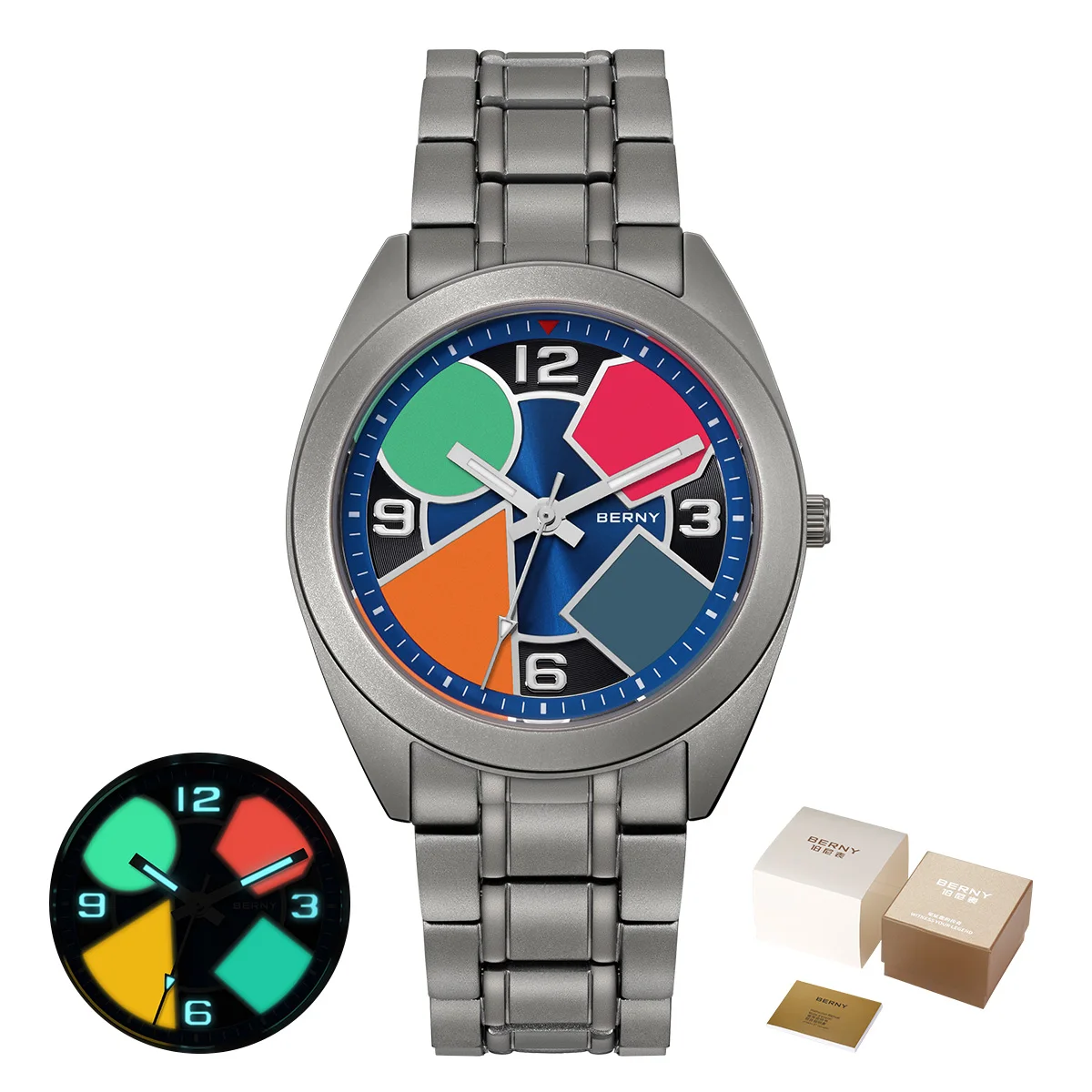 BERNY Abstract. Titanium Watch For Men. AR Coating Sapphire Contrasting Geometric Dial Multi-color Luminous.