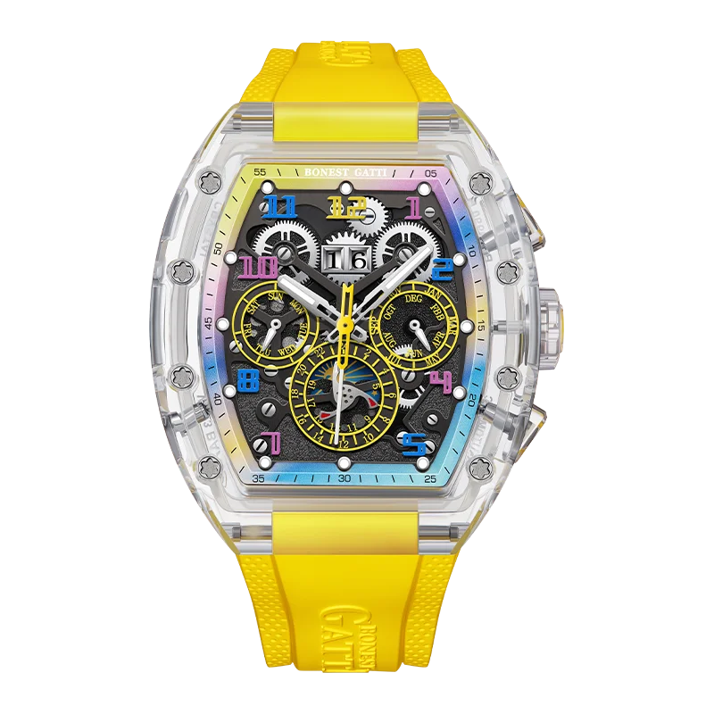 GATTI Automatic Watch Tonneau Mechanical Wristwatch K9 Crystal Case Rubber Strap Multi Dial Watches For Men