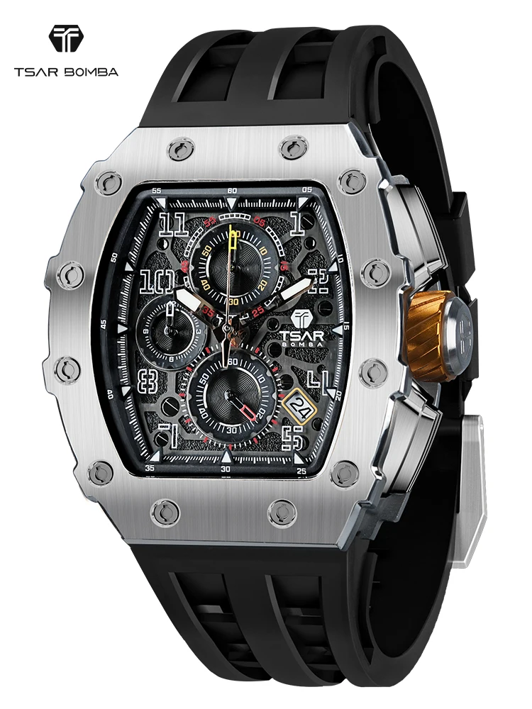 TSAR BOMBA Watch for Men. Tonneau Design Stainless Steel Wristwatch.